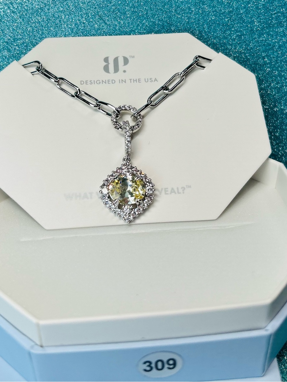 Bomp Party Lemon Cubic Zirconia Necklace on Rhodium Plating Paperclip Chain New